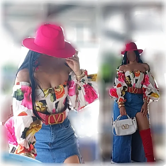 Women Floral Roses printed off shoulder puffer sleeves corset top - Picture 2 of 10